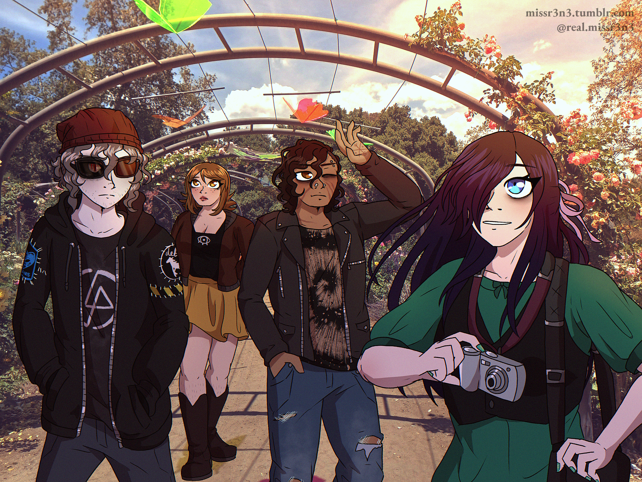 the main cast except for jessie drawn over a photograph from the descanso gardens. leah trails at the back. isaac shields his eyes from the sun. joshua watches over madeline. he's wearing leah's beanie and some wayfarer sunglasses to hide his snake eyes and horns. madeline excitedly looks at the flowers with her nikon held at the ready.